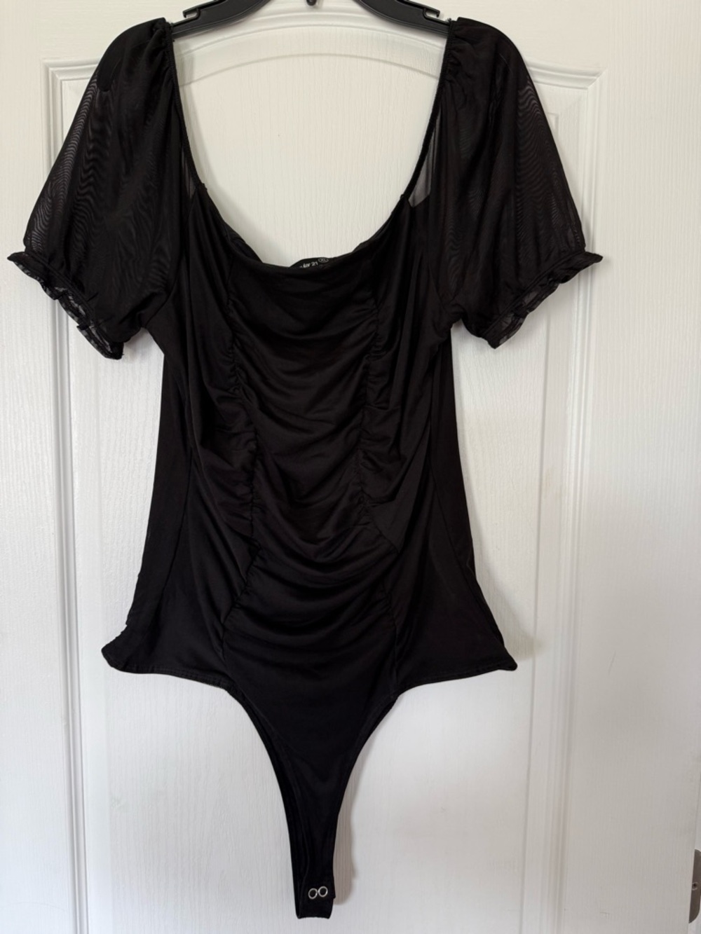 Ruched Black Scoop-Neck Bodysuit with Sheer Puff Sleeves